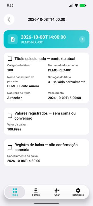 Detalhes da baixa DEMO, posição 1: título, parceiro, data, cancelamento, código de situação e valores registrados. — Cifru nativo; dados fictícios, não teste em ERP real.