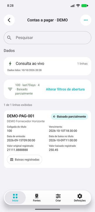 Período de vencimento, coligada e situação escolhidos; card completo do título DEMO. — Cifru nativo; dados fictícios, não teste em ERP real.