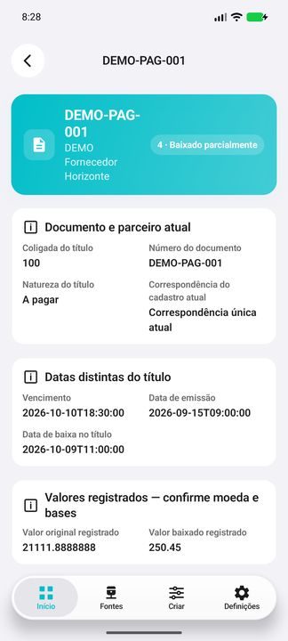 Ficha do título DEMO, posição 1: parceiro atual, datas distintas e valores registrados; moeda/bases a confirmar. — Cifru nativo; dados fictícios, não teste em ERP real.