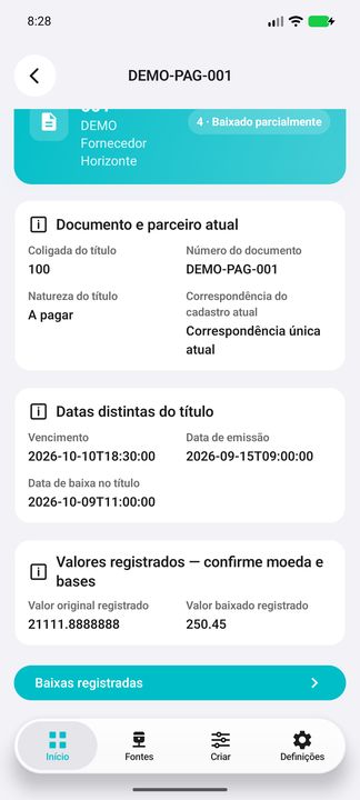 Ficha do título DEMO, posição 2: parceiro atual, datas distintas e valores registrados; moeda/bases a confirmar. — Cifru nativo; dados fictícios, não teste em ERP real.