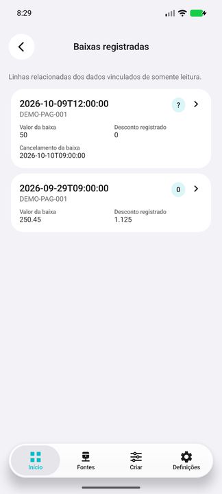 Baixas realmente abertas pelo sub-botão: registros DEMO do mesmo título, inclusive cancelamentos; não confirmação bancária. — Cifru nativo; dados fictícios, não teste em ERP real.