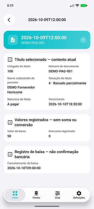 Detalhes da baixa DEMO, posição 1: título, parceiro, data, cancelamento, código de situação e valores registrados. — Cifru nativo; dados fictícios, não teste em ERP real.