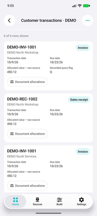 Complete current customer transaction cards and the Document allocations action. — Native Cifru; fictional data, not a real ERP test.
