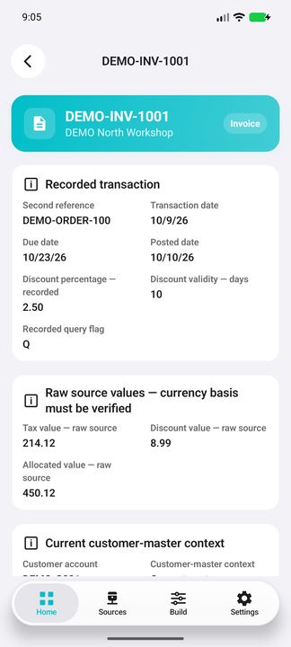 Selected invoice: references, distinct dates, recorded query flag and raw source values. — Native Cifru; fictional data, not a real ERP test.