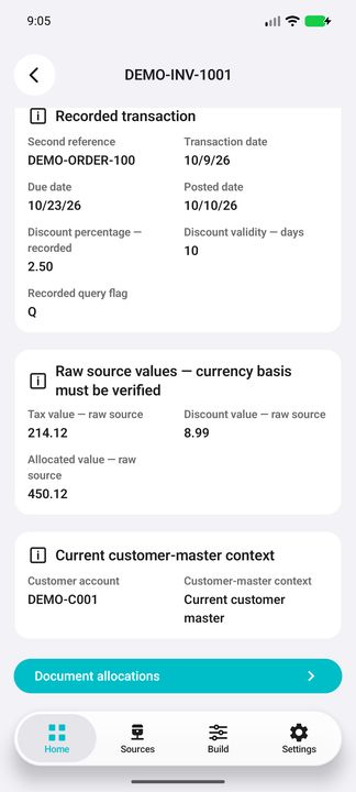 Invoice Details continued: current customer context and the actual allocations sub-button. — Native Cifru; fictional data, not a real ERP test.