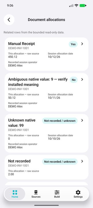 Allocations opened for the selected invoice, with session dates and ambiguous or missing native context retained. — Native Cifru; fictional data, not a real ERP test.