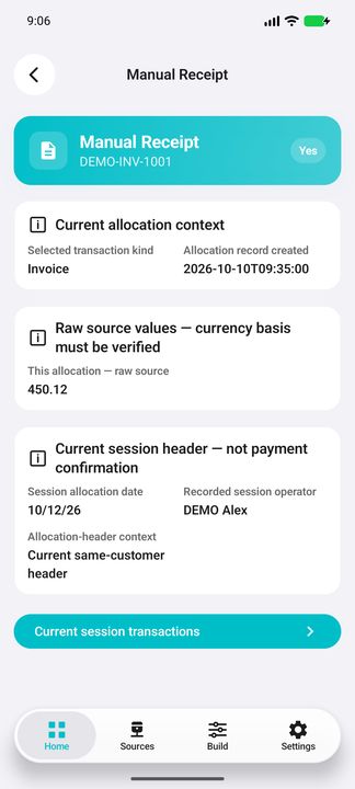 Selected allocation: exact raw value, creation timestamp, current session context and next sub-button. — Native Cifru; fictional data, not a real ERP test.