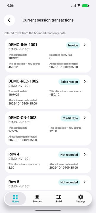Current same-customer session transactions, including a credit note outside the main period. — Native Cifru; fictional data, not a real ERP test.