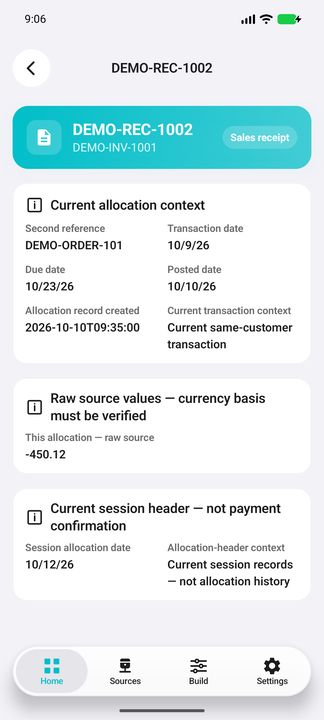 Selected sales receipt in the session: complete Details, raw allocation value and context limits. — Native Cifru; fictional data, not a real ERP test.