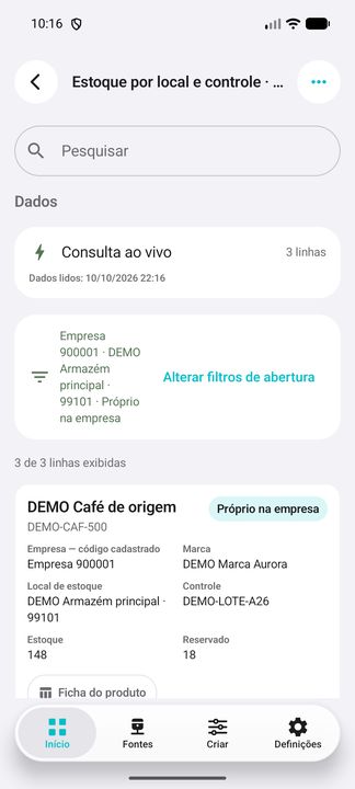 Empresa, local e propriedade selecionados na abertura; três registros DEMO, leitura fictícia. — Cifru nativo; dados fictícios, não teste em ERP real.