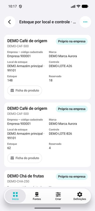 Cards completos dos dois lotes DEMO: marca, local, controle, estoque original e reservado separados. — Cifru nativo; dados fictícios, não teste em ERP real.