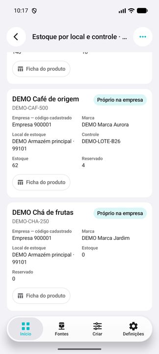 Continuação da seleção: segundo lote e produto DEMO com estoque zero preservado. — Cifru nativo; dados fictícios, não teste em ERP real.