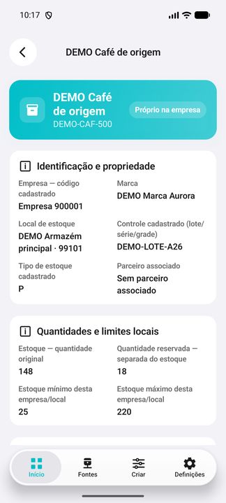 Detalhes do lote DEMO A26: identificação, propriedade, estoque, reserva e limites desta empresa/local. — Cifru nativo; dados fictícios, não teste em ERP real.