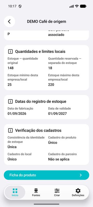 Continuação dos mesmos Detalhes: fabricação, validade, verificação dos cadastros e sub-botão Ficha do produto. — Cifru nativo; dados fictícios, não teste em ERP real.