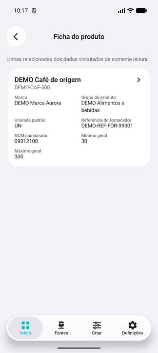 Ficha do produto aberta sob demanda: marca, grupo, unidade padrão, referência do fornecedor, NCM e limites gerais. — Cifru nativo; dados fictícios, não teste em ERP real.