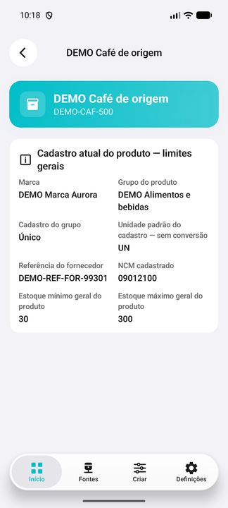Detalhes completos do produto DEMO selecionado; limites gerais separados dos limites locais do estoque. — Cifru nativo; dados fictícios, não teste em ERP real.