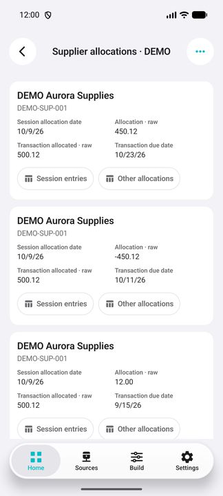 Complete supplier allocation card with session date, exact raw values, due date and both actual sub-buttons. — Native Cifru; invented data, not a real ERP test.