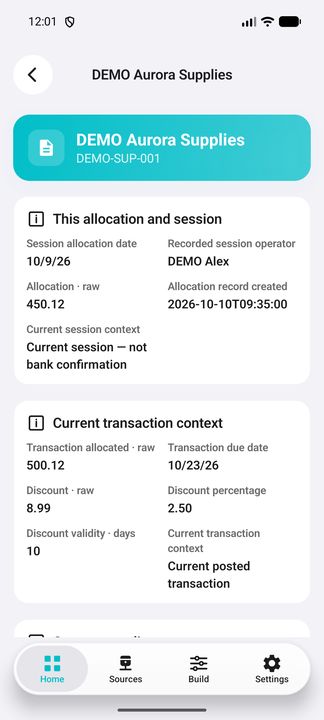 Selected supplier allocation: configured useful Details. — Native Cifru; invented data, not a real ERP test.