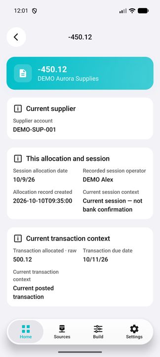 Same-supplier session entry: configured useful Details. — Native Cifru; invented data, not a real ERP test.