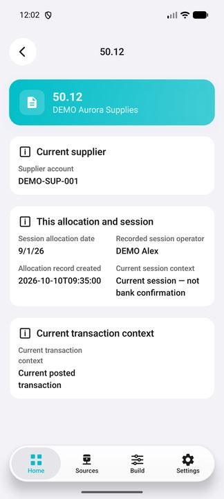 Other allocation of the selected transaction: configured useful Details. — Native Cifru; invented data, not a real ERP test.