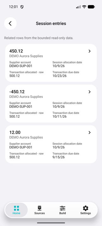Same-supplier current entries in the selected allocation session. — Native Cifru; invented data, not a real ERP test.