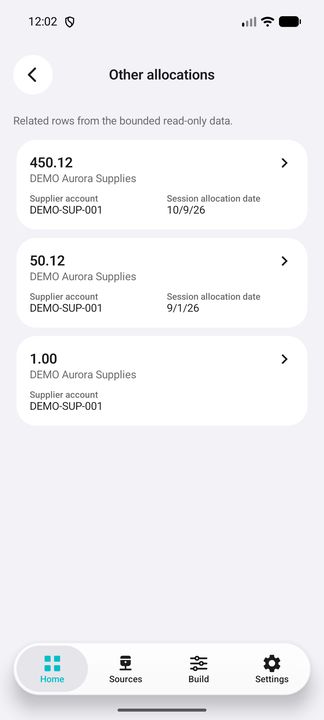 Other current allocations of the selected transaction, including a session outside the main period. — Native Cifru; invented data, not a real ERP test.