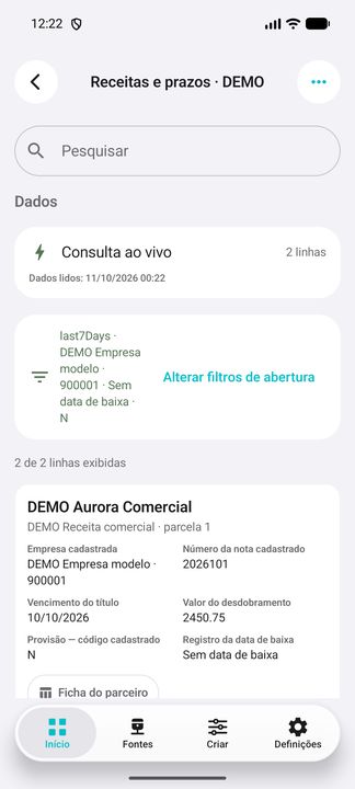 Empresa, período de vencimento e códigos selecionados na abertura; somente dados DEMO fictícios. — Cifru nativo; dados fictícios, não teste em ERP real.