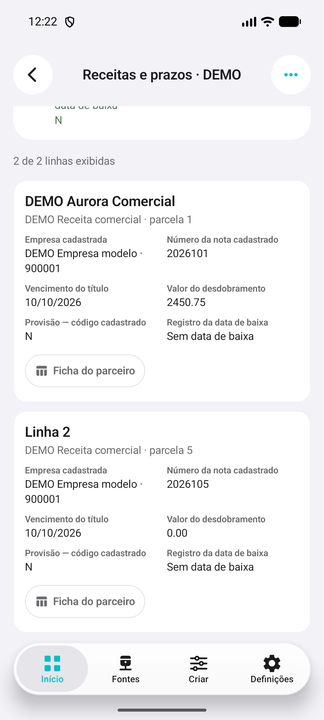 Card completo do título DEMO selecionado, valores originais e sub-botão Ficha do parceiro. — Cifru nativo; dados fictícios, não teste em ERP real.
