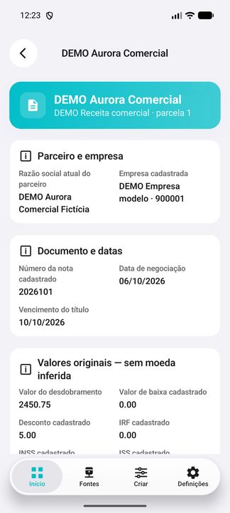 Detalhes do título financeiro DEMO: continuação complementar do mesmo registro selecionado. — Cifru nativo; dados fictícios, não teste em ERP real.