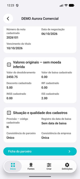 Detalhes do título financeiro DEMO: continuação complementar do mesmo registro selecionado. — Cifru nativo; dados fictícios, não teste em ERP real.