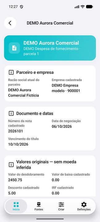 Detalhes do título financeiro DEMO: continuação complementar do mesmo registro selecionado. — Cifru nativo; dados fictícios, não teste em ERP real.