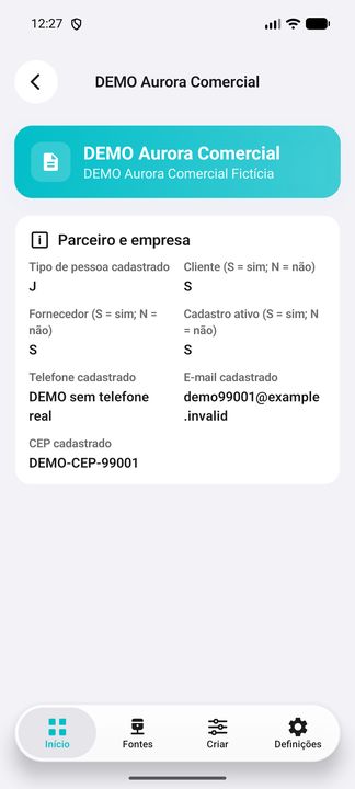 Detalhes do parceiro atual DEMO: continuação complementar do mesmo registro selecionado. — Cifru nativo; dados fictícios, não teste em ERP real.