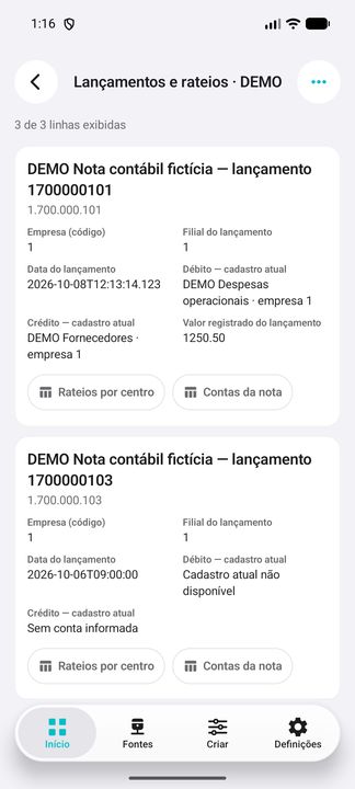 Nota DEMO: cartão completo com contas de débito/crédito e valor registrado. — DEMO fictícia no Cifru, não ERP real.