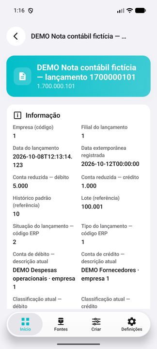 Detalhes da nota: continuação do mesmo registro DEMO selecionado. — DEMO fictícia no Cifru, não ERP real.