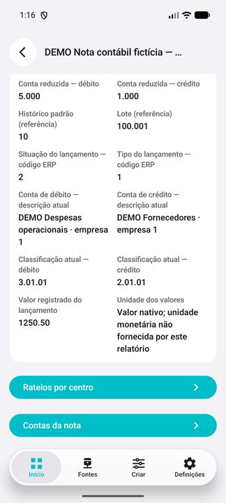 Detalhes da nota: continuação do mesmo registro DEMO selecionado. — DEMO fictícia no Cifru, não ERP real.