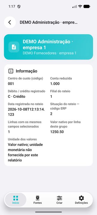 Detalhes do rateio por valor: continuação do mesmo registro DEMO selecionado. — DEMO fictícia no Cifru, não ERP real.