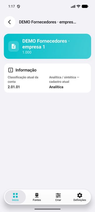 Detalhes da conta atual: continuação do mesmo registro DEMO selecionado. — DEMO fictícia no Cifru, não ERP real.