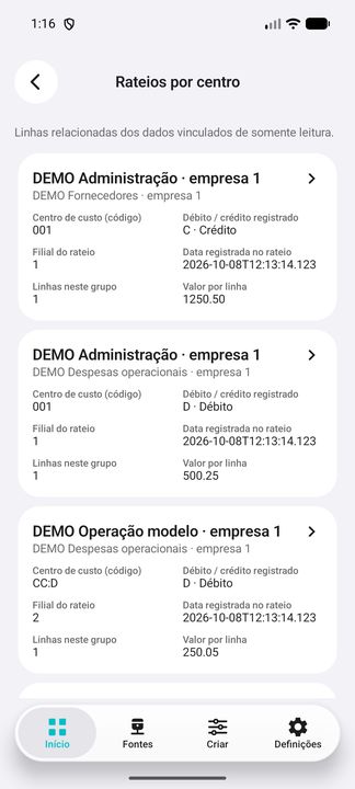 Rateios realmente abertos: valor nativo por linha, centro de custo e contagem dos campos selecionados. — DEMO fictícia no Cifru, não ERP real.