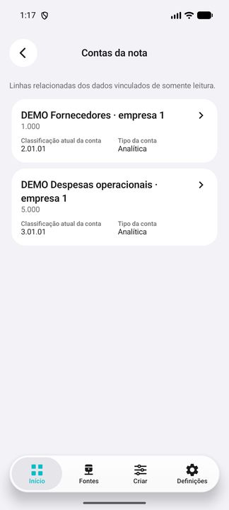 Contas atuais realmente abertas: classificação e natureza analítica/sintética, sem saldo presumido. — DEMO fictícia no Cifru, não ERP real.