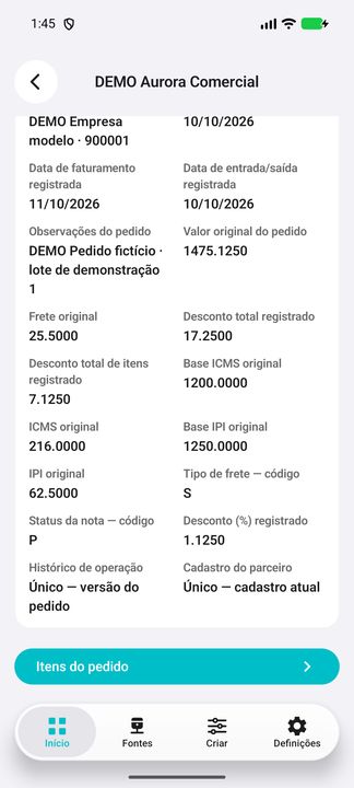 Detalhes do pedido DEMO; continuação complementar do mesmo registro. — Cifru nativo; dados fictícios, não teste em ERP real.