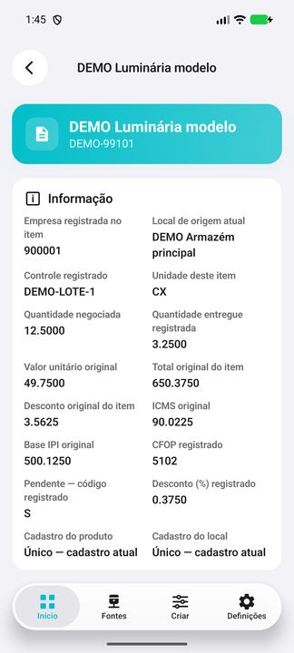 Detalhes do item selecionado DEMO; continuação complementar do mesmo registro. — Cifru nativo; dados fictícios, não teste em ERP real.