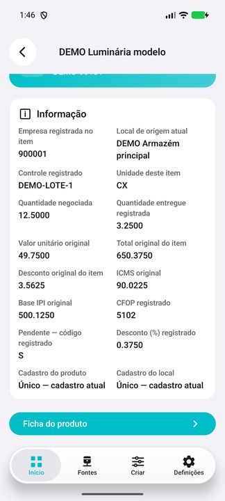 Detalhes do item selecionado DEMO; continuação complementar do mesmo registro. — Cifru nativo; dados fictícios, não teste em ERP real.