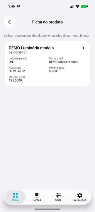 Ficha do produto realmente aberto sob demanda; card completo com dados fictícios. — Cifru nativo; dados fictícios, não teste em ERP real.
