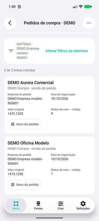 Card completo do pedido DEMO; empresa e período selecionados na abertura. — Cifru nativo; dados fictícios, não teste em ERP real.