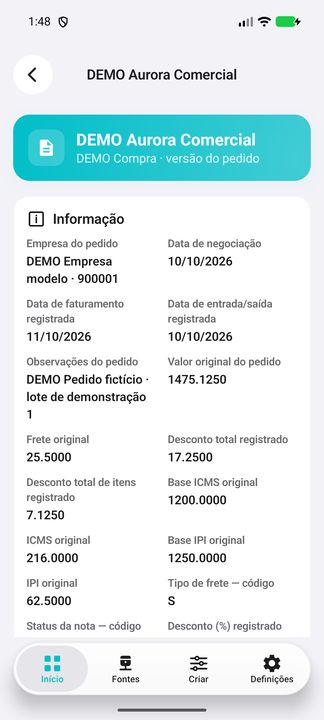 Detalhes do pedido DEMO; continuação complementar do mesmo registro. — Cifru nativo; dados fictícios, não teste em ERP real.