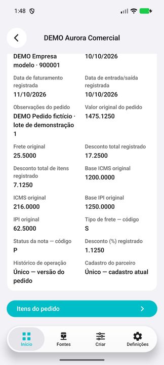 Detalhes do pedido DEMO; continuação complementar do mesmo registro. — Cifru nativo; dados fictícios, não teste em ERP real.