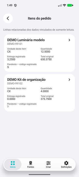 Itens do pedido realmente aberto sob demanda; card completo com dados fictícios. — Cifru nativo; dados fictícios, não teste em ERP real.