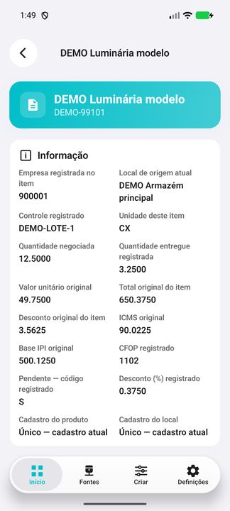 Detalhes do item selecionado DEMO; continuação complementar do mesmo registro. — Cifru nativo; dados fictícios, não teste em ERP real.