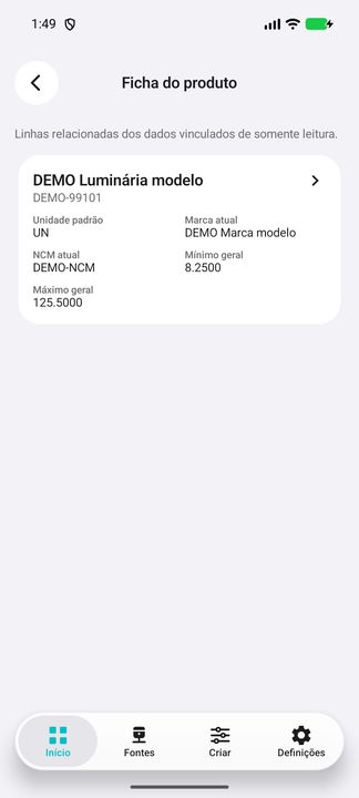 Ficha do produto realmente aberto sob demanda; card completo com dados fictícios. — Cifru nativo; dados fictícios, não teste em ERP real.