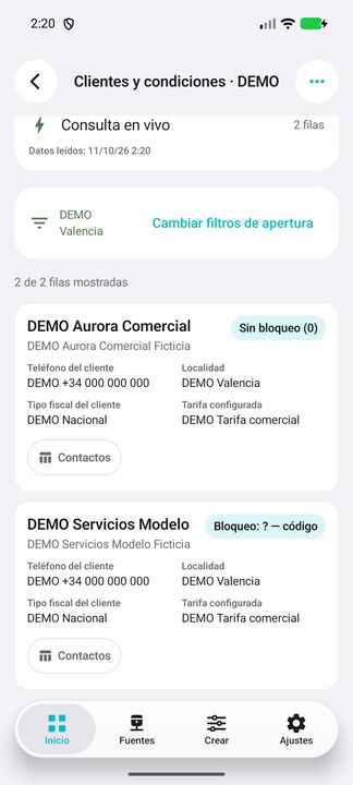 Tarjeta completa del cliente DEMO, con localidad elegida al abrir. — Cifru nativo; datos ficticios, no prueba en ERP real.